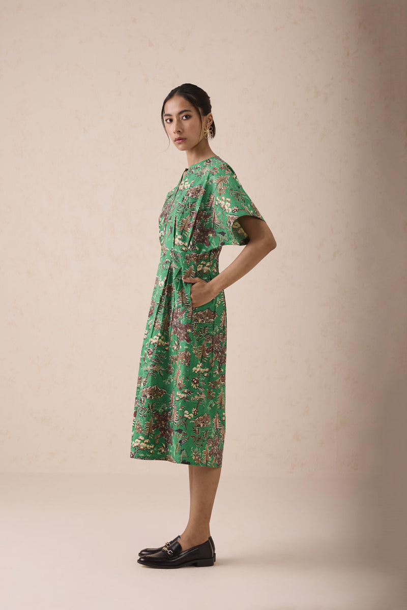 Green Fields Organic Cotton Midi Dress poplin by SUI in green color for women Worldwide