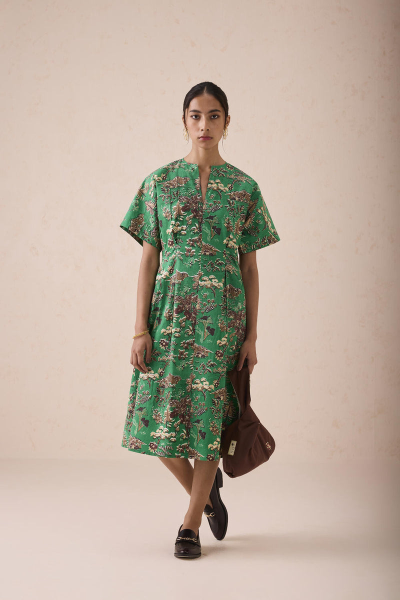 Green Fields Organic Cotton Midi Dress poplin by SUI in green color for women Worldwide