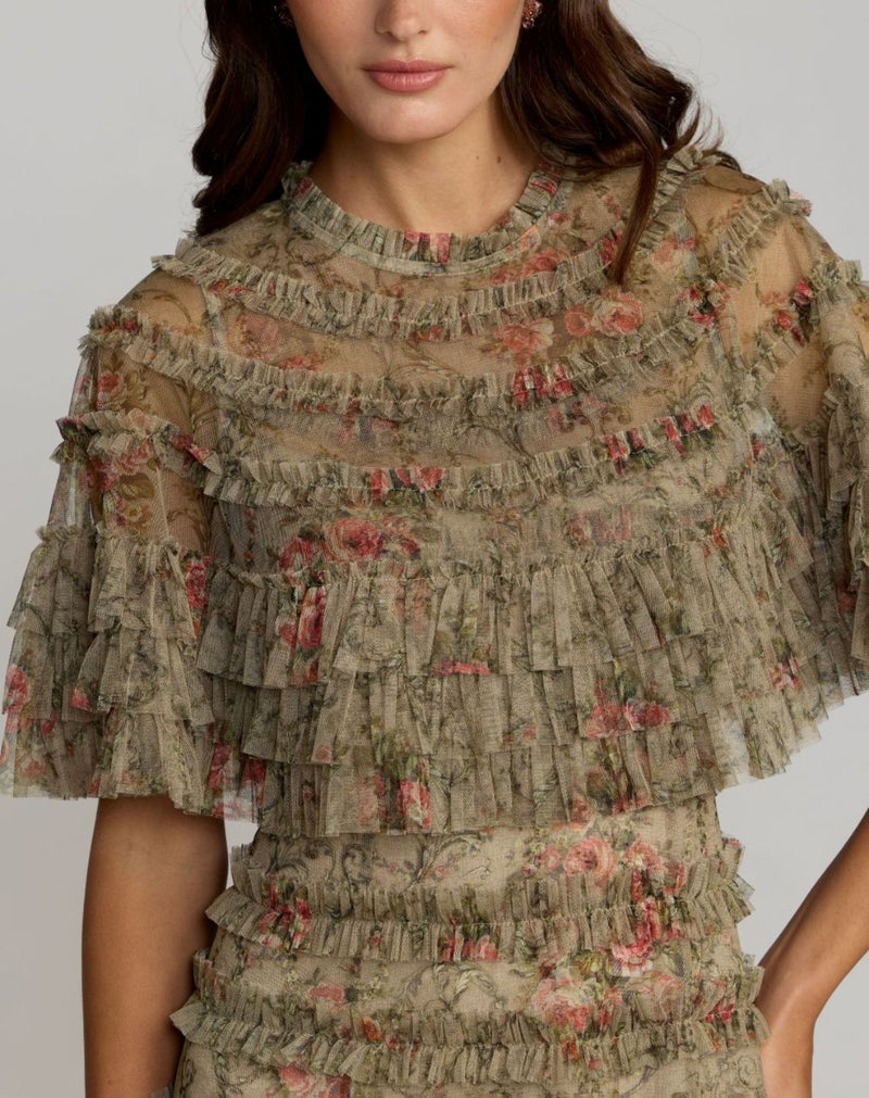 Green Floral Ruffle Midi Dress With Cape by Mac Duggal in olive color for women Worldwide