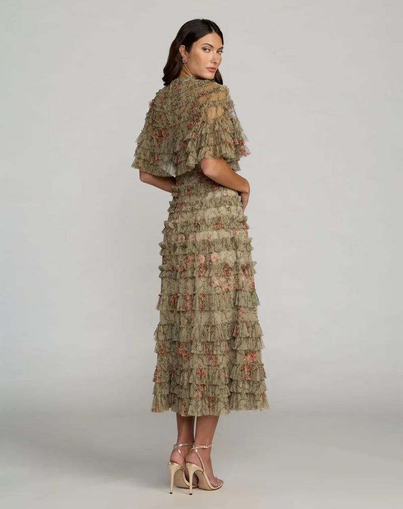 Green Floral Ruffle Midi Dress With Cape by Mac Duggal in olive color for women Worldwide