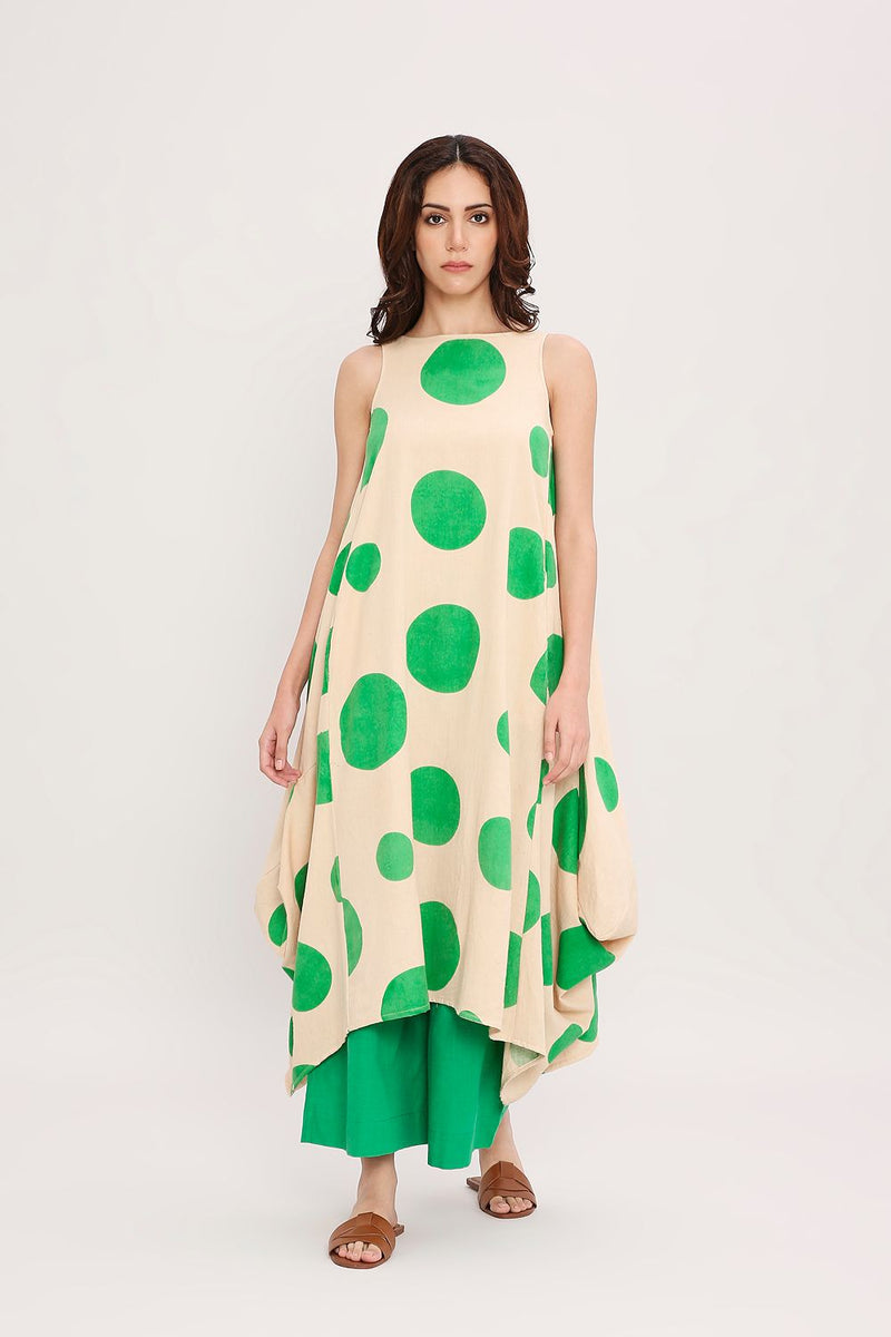 Green Hand Block Printed Polka Vari Co-ord Set (2 PCS) cotton by Mati in green color for women Worldwide