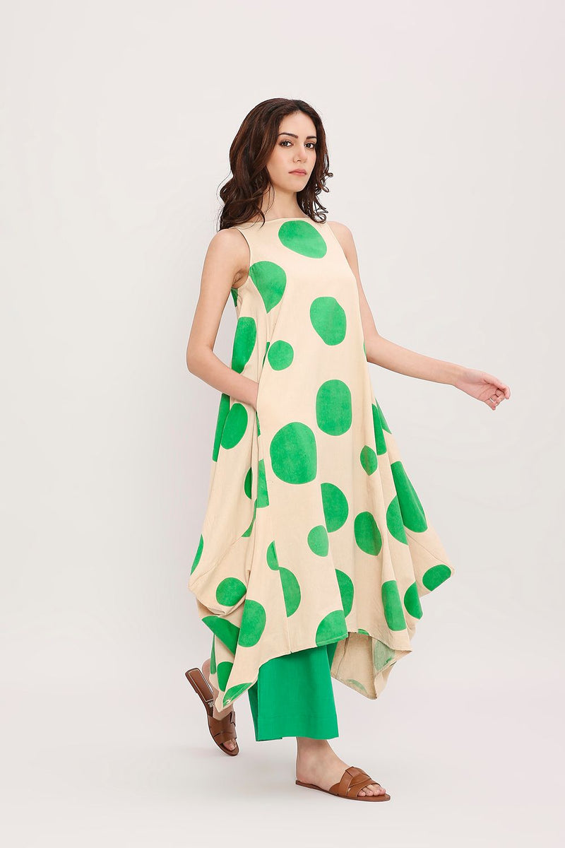 Green Hand Block Printed Polka Vari Co-ord Set (2 PCS) cotton by Mati in green color for women Worldwide