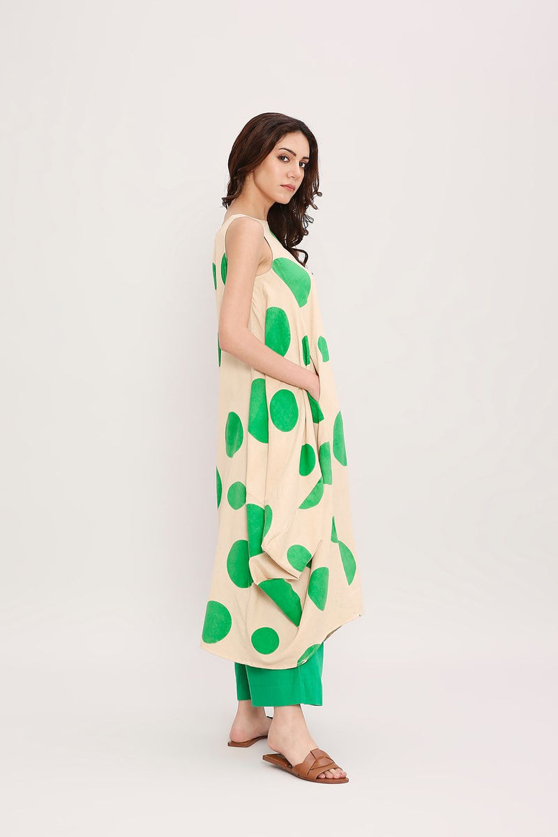 Green Hand Block Printed Polka Vari Co-ord Set (2 PCS) cotton by Mati in green color for women Worldwide