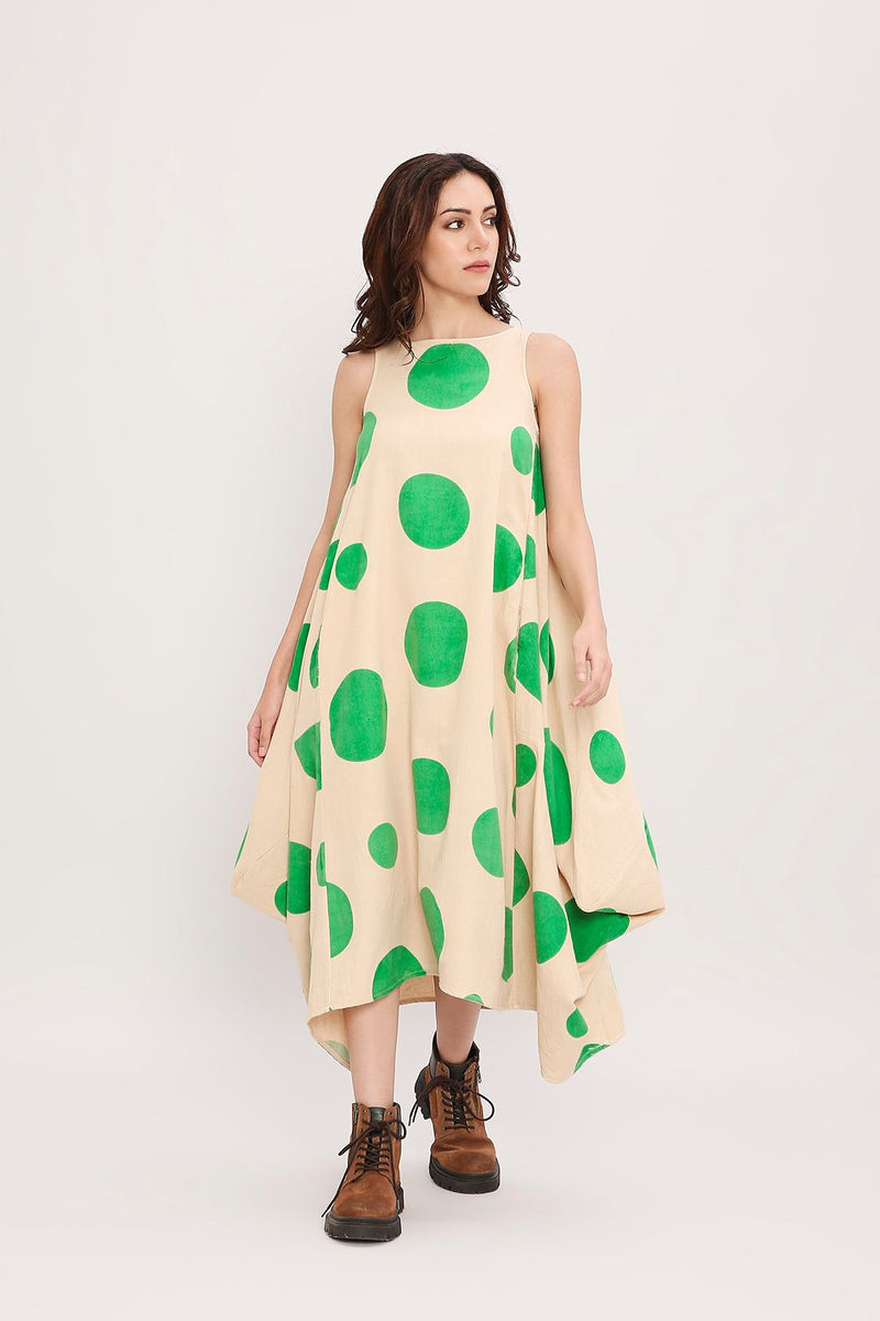 Green Hand Block Printed Polka Vari Dress cotton by Mati in green color for women Worldwide