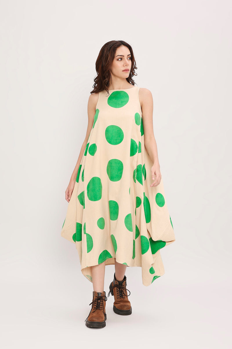 Green Hand Block Printed Polka Vari Dress cotton by Mati in green color for women Worldwide