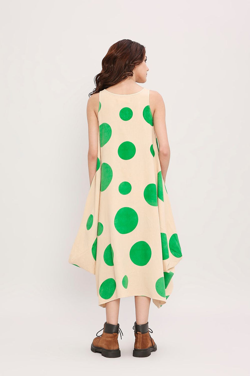 Green Hand Block Printed Polka Vari Dress cotton by Mati in green color for women Worldwide