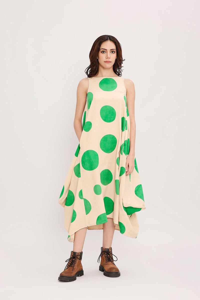 Green Hand Block Printed Polka Vari Dress cotton by Mati in green color for women Worldwide