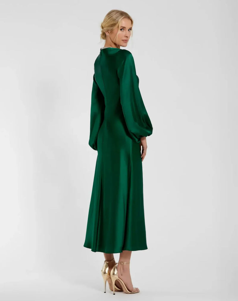 Green High Neck Long Sleeve Crystal Detail Dress satin by Mac Duggal for women Worldwide