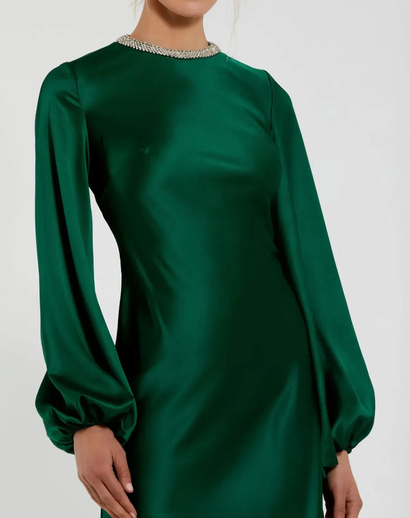 Green High Neck Long Sleeve Crystal Detail Dress satin by Mac Duggal for women Worldwide