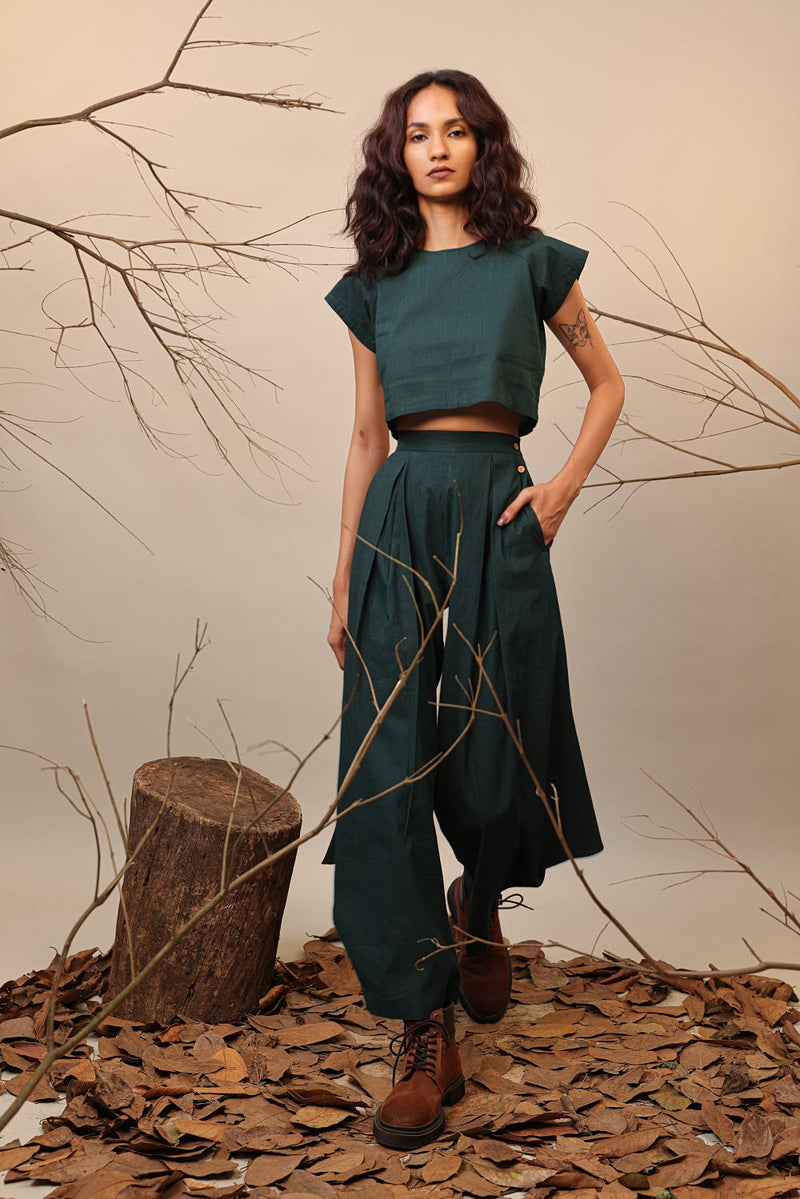 Green PL Cowl Pants 100% cotton by Mati in green color for women Worldwide