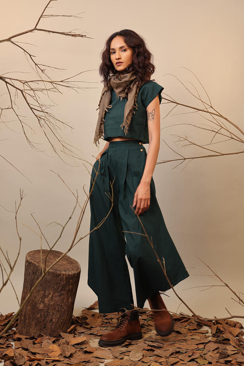 Green PL Cowl Pants 100% cotton by Mati in green color for women Worldwide