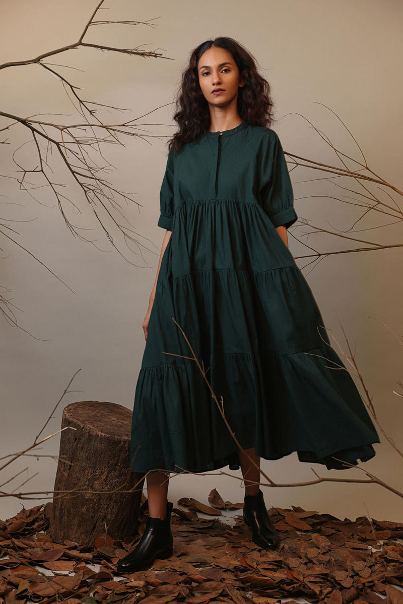 Green Raglan Tiered Dress 100% cotton by Mati in green color for women Worldwide
