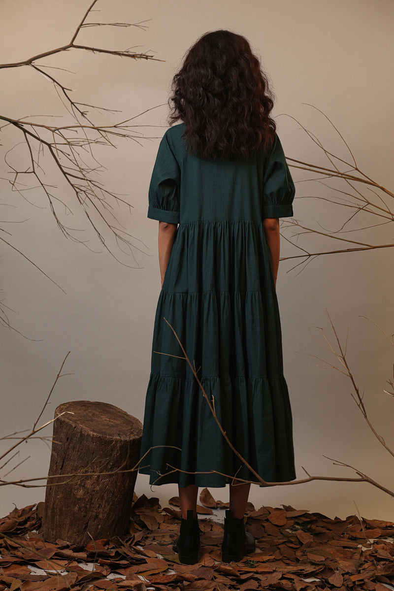 Green Raglan Tiered Dress 100% cotton by Mati in green color for women Worldwide