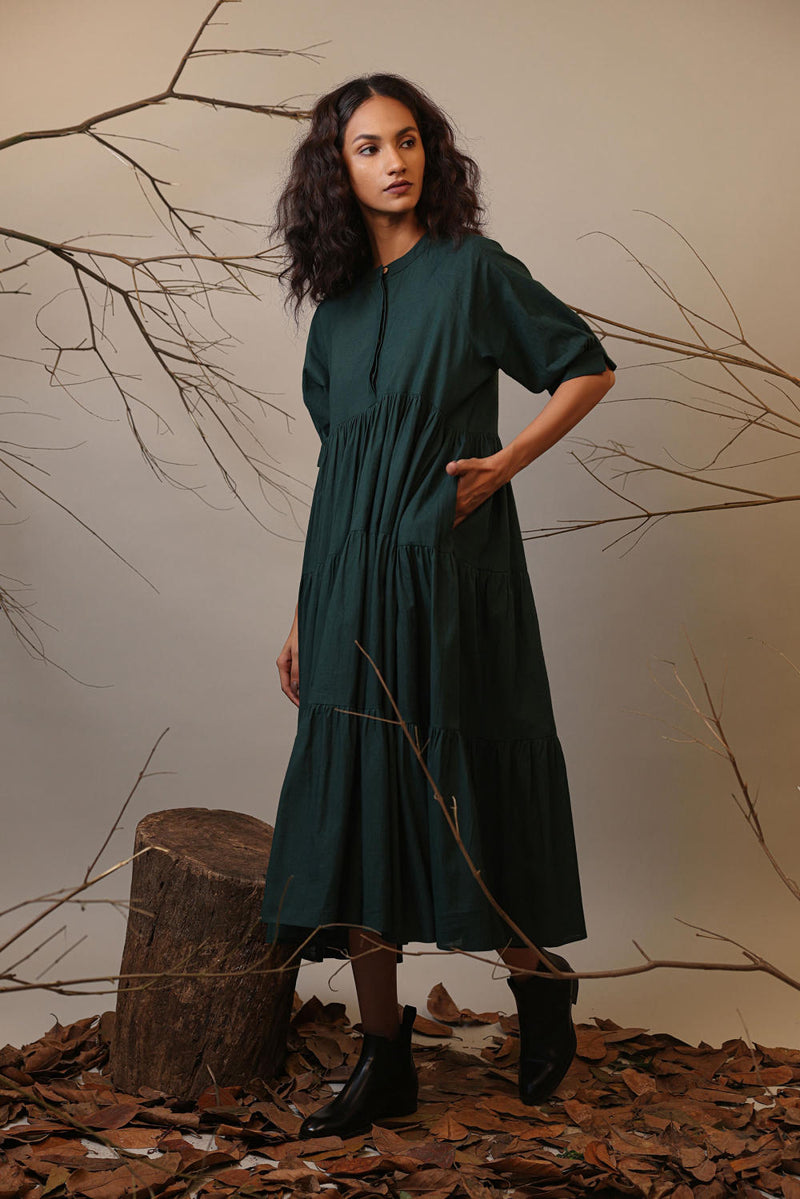 Green Raglan Tiered Dress 100% cotton by Mati in green color for women Worldwide