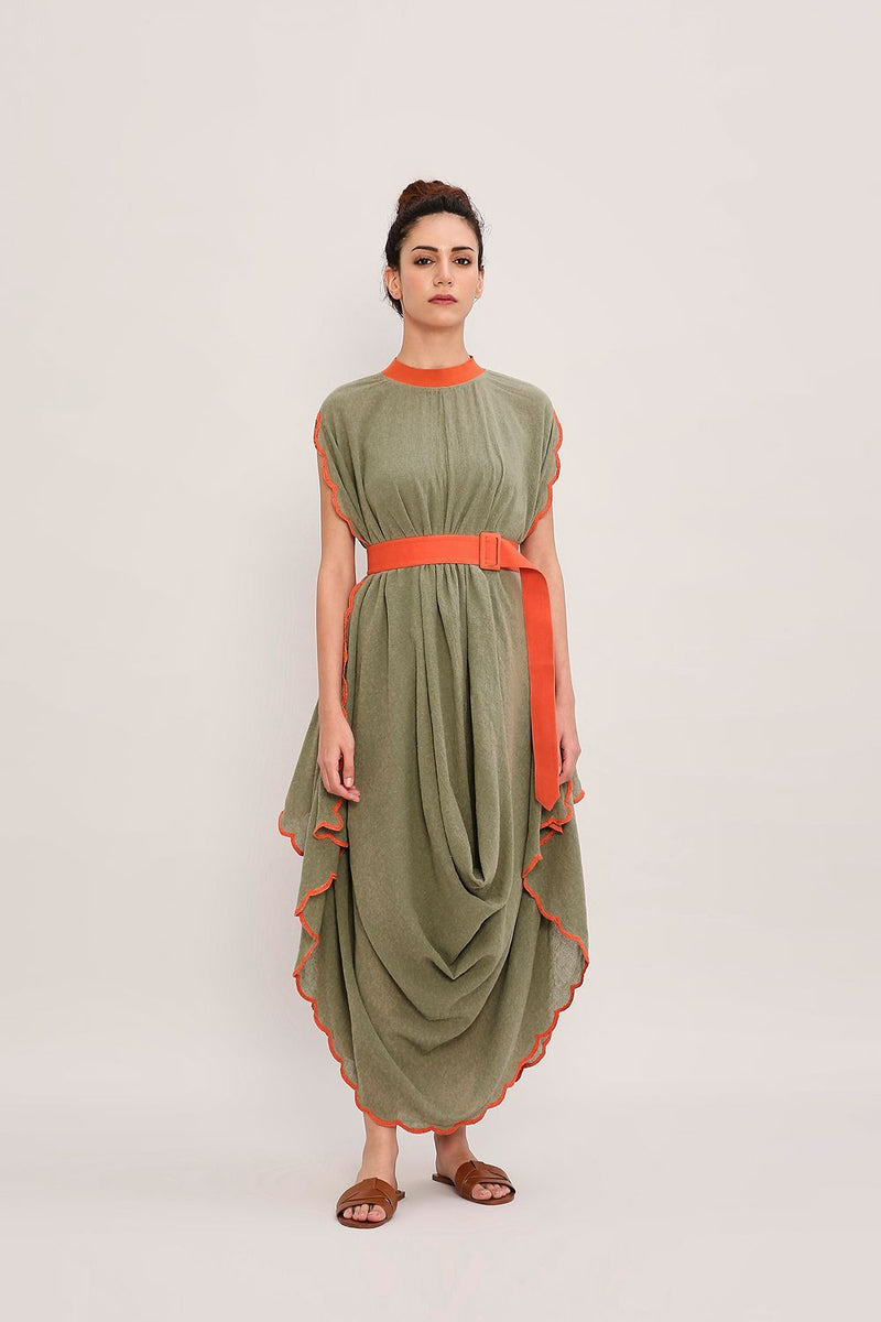 Green Ribbed Scallop Cowl Dress cotton by Mati in green color for women Worldwide