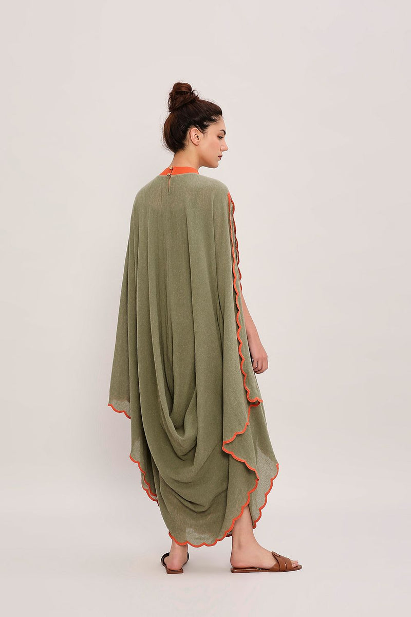 Green Ribbed Scallop Cowl Dress cotton by Mati in green color for women Worldwide