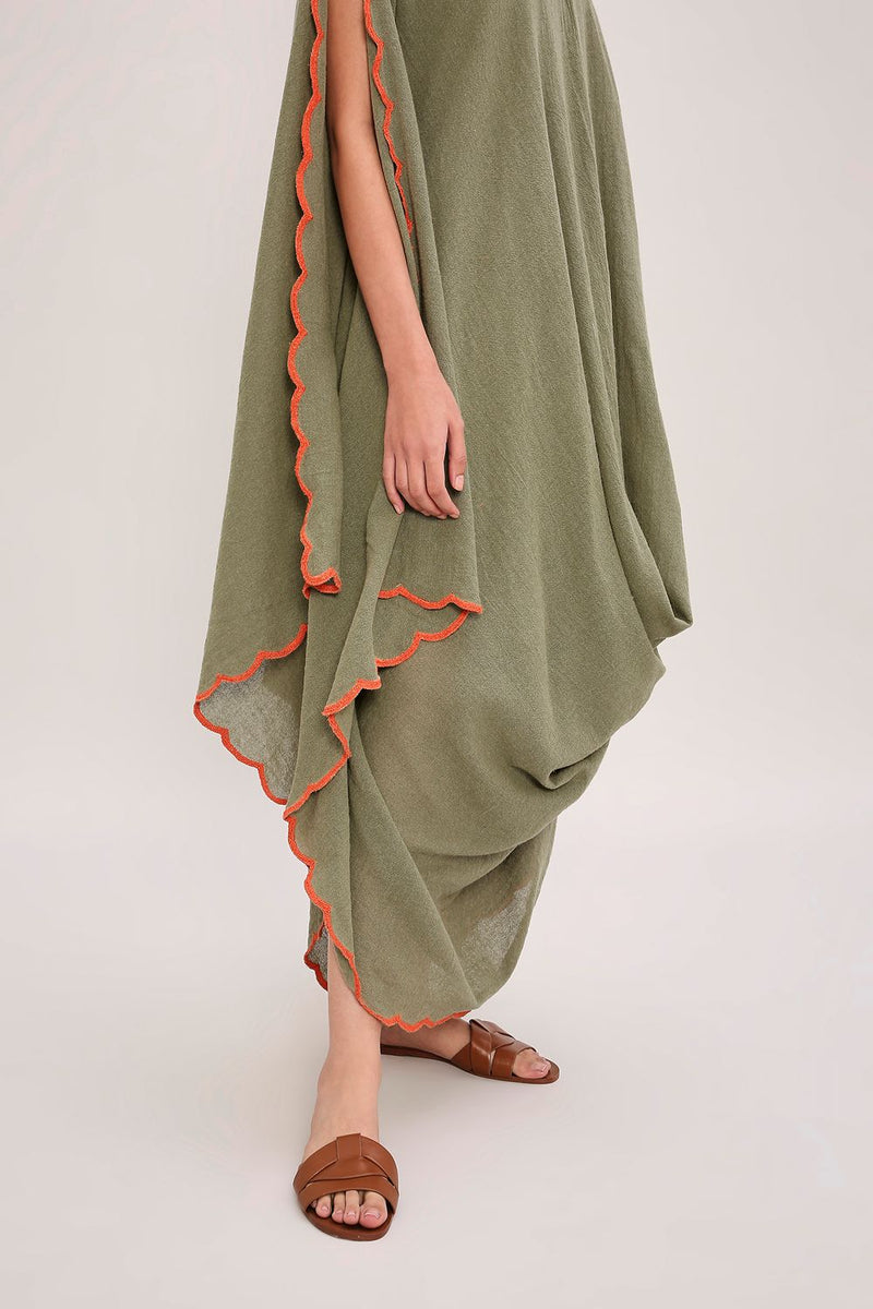 Green Ribbed Scallop Cowl Dress cotton by Mati in green color for women Worldwide
