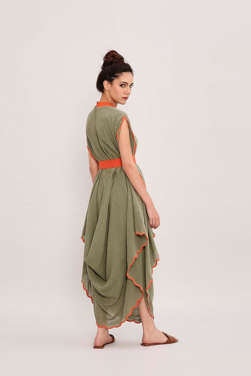 Green Ribbed Scallop Cowl Dress cotton by Mati in green color for women Worldwide