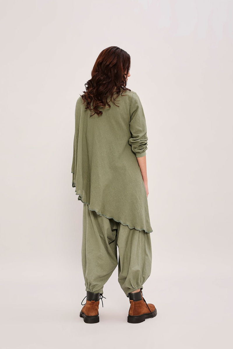 Green Ribbed Scallop Tunic Set (2 PCS) cotton by Mati in green color for women Worldwide