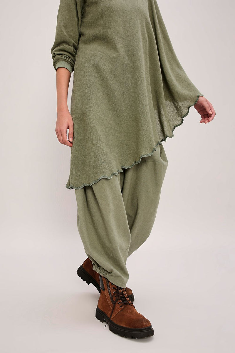 Green Ribbed Scallop Tunic Set (2 PCS) cotton by Mati in green color for women Worldwide