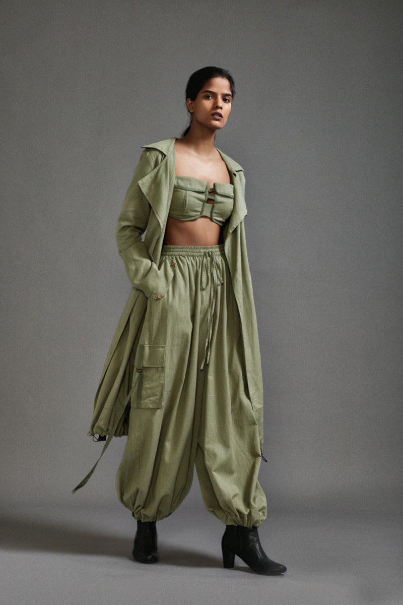Green Safari Cargo Trench Set cotton by Mati in green color for women Worldwide