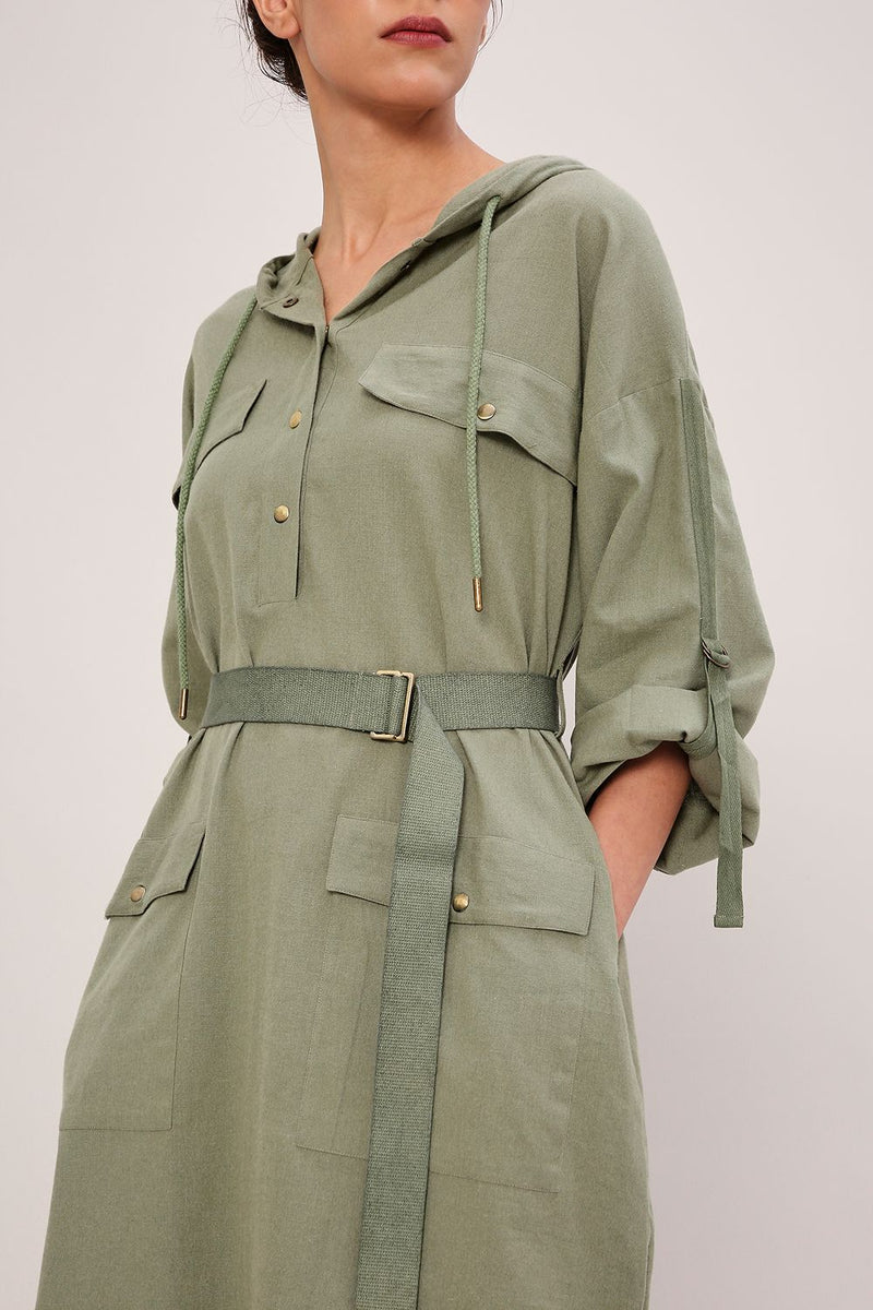 Green Safari Pocket Hooded Dress cotton by Mati in green color for women Worldwide
