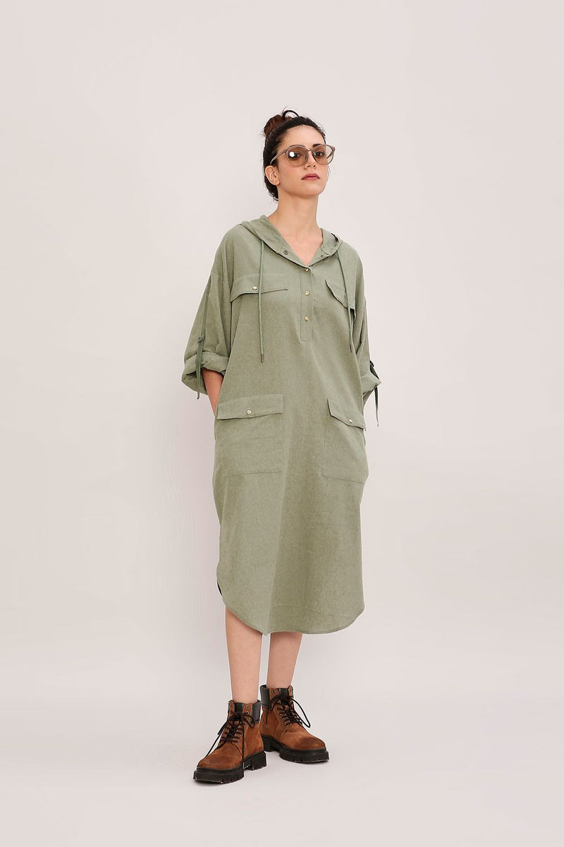 Green Safari Pocket Hooded Dress cotton by Mati in green color for women Worldwide