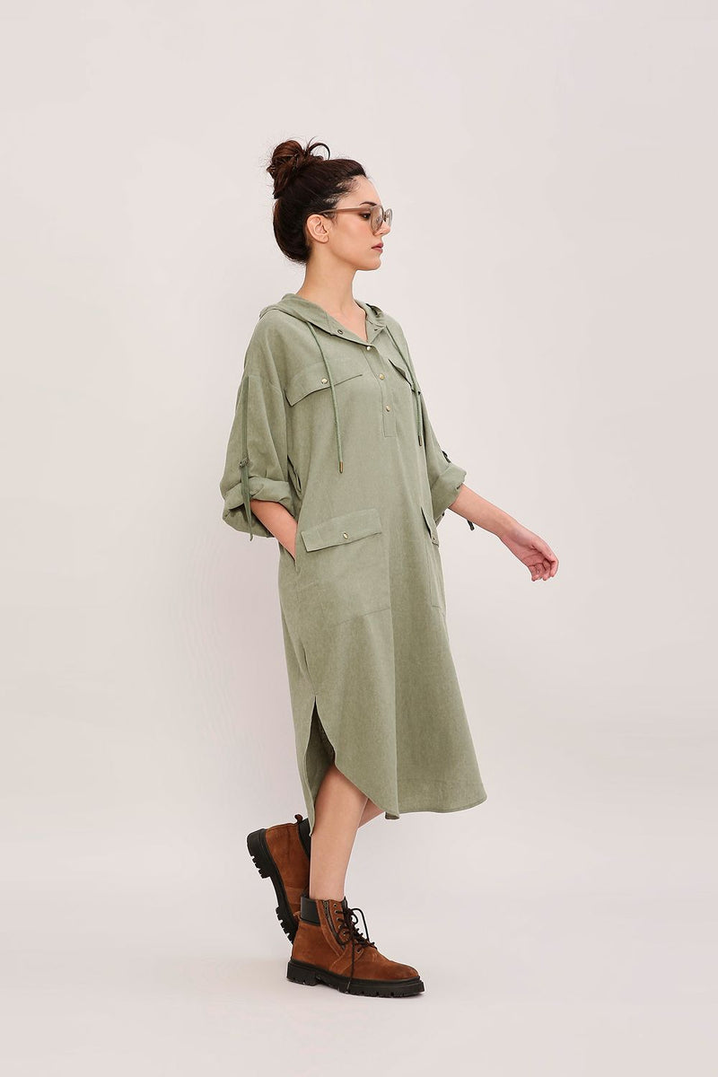 Green Safari Pocket Hooded Dress cotton by Mati in green color for women Worldwide