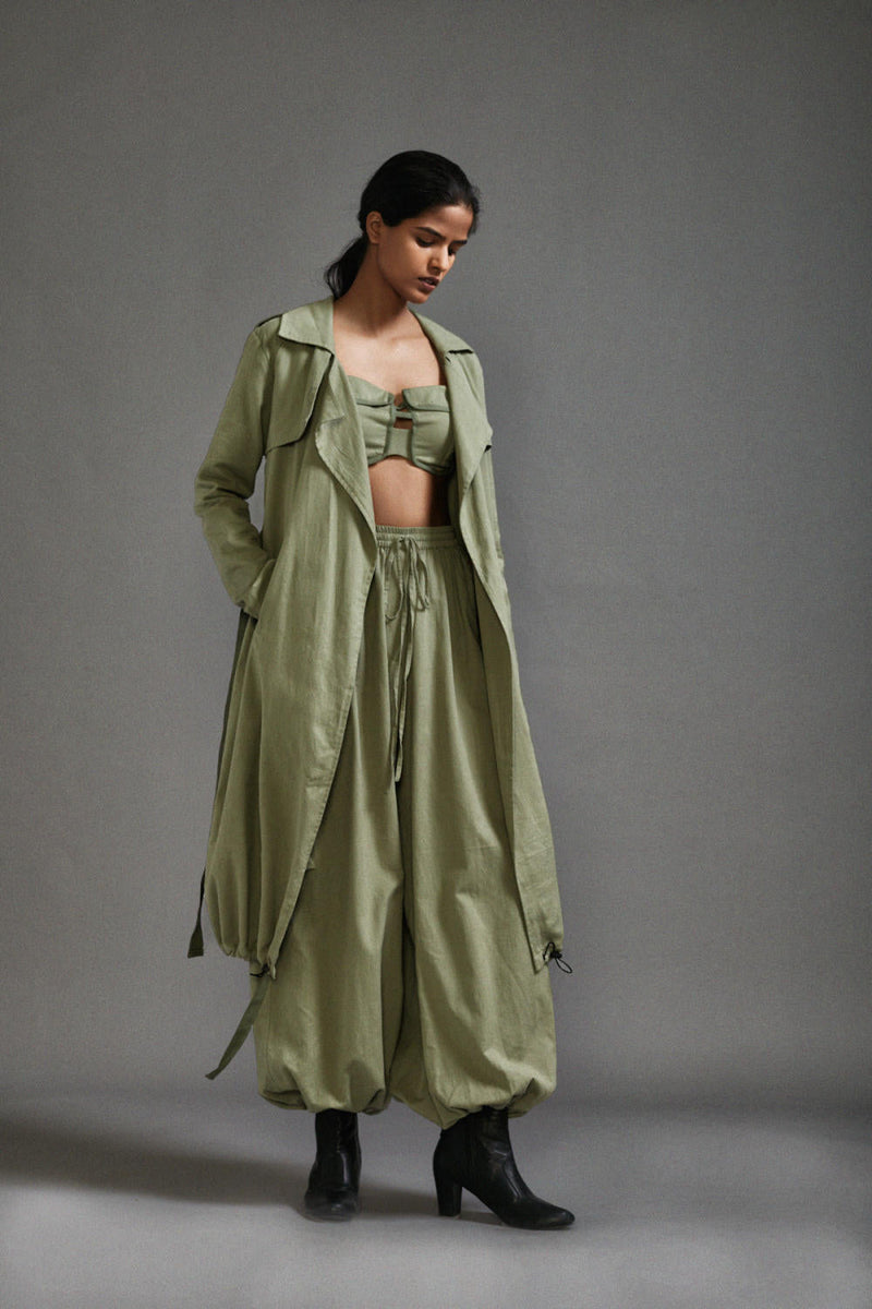 Green Safari Trench Jacket cotton by Mati in green color for women Worldwide