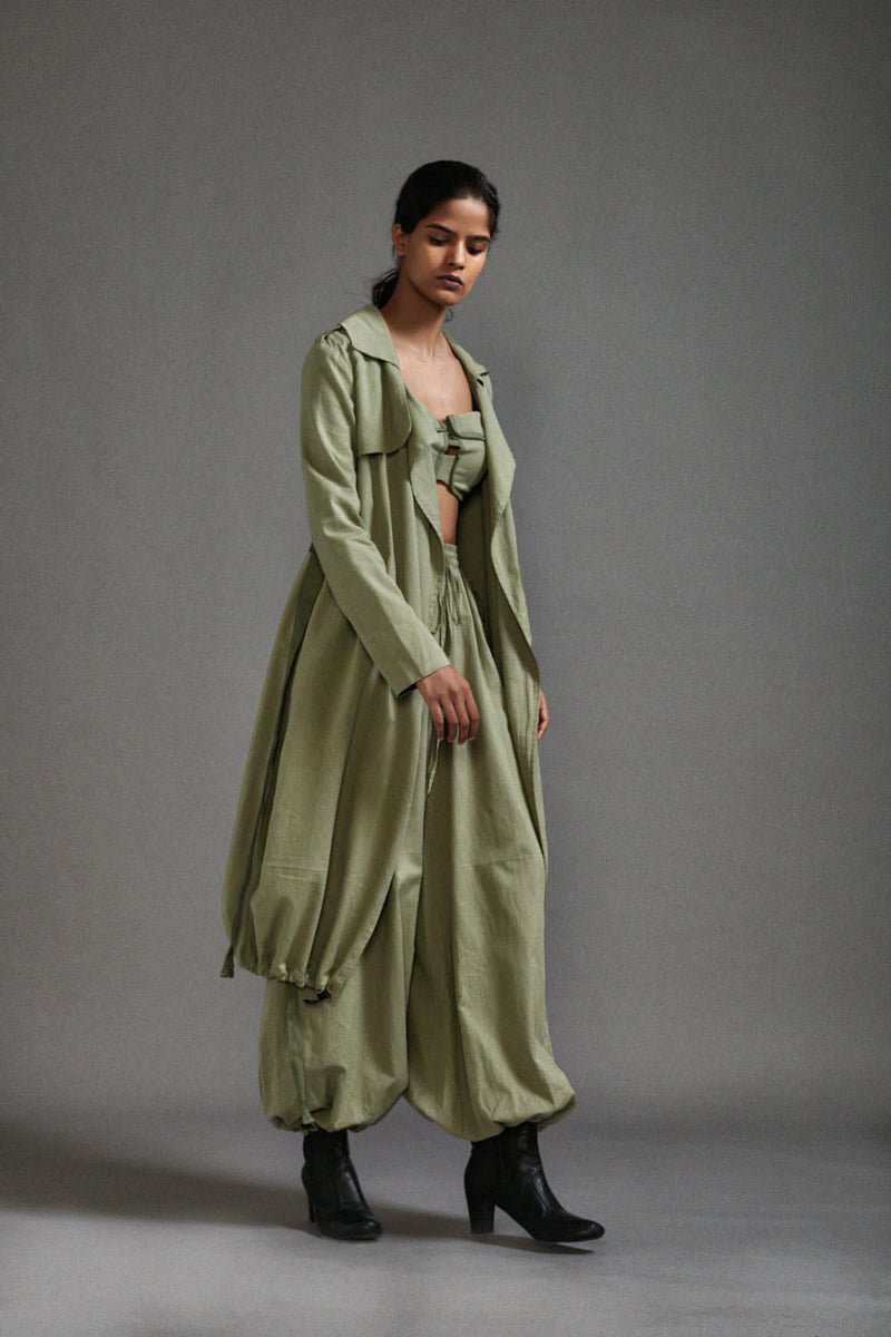 Green Safari Trench Jacket cotton by Mati in green color for women Worldwide