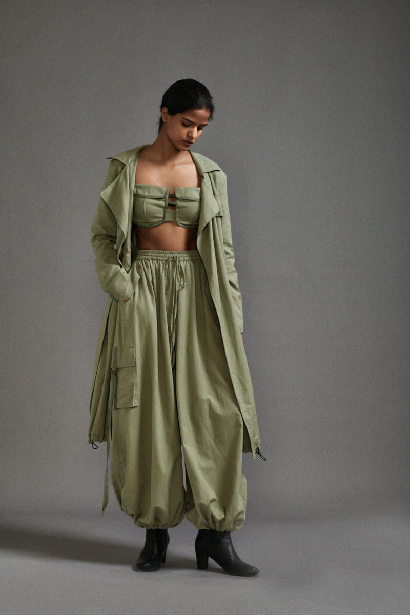 Green Safari Trench Jacket cotton by Mati in green color for women Worldwide