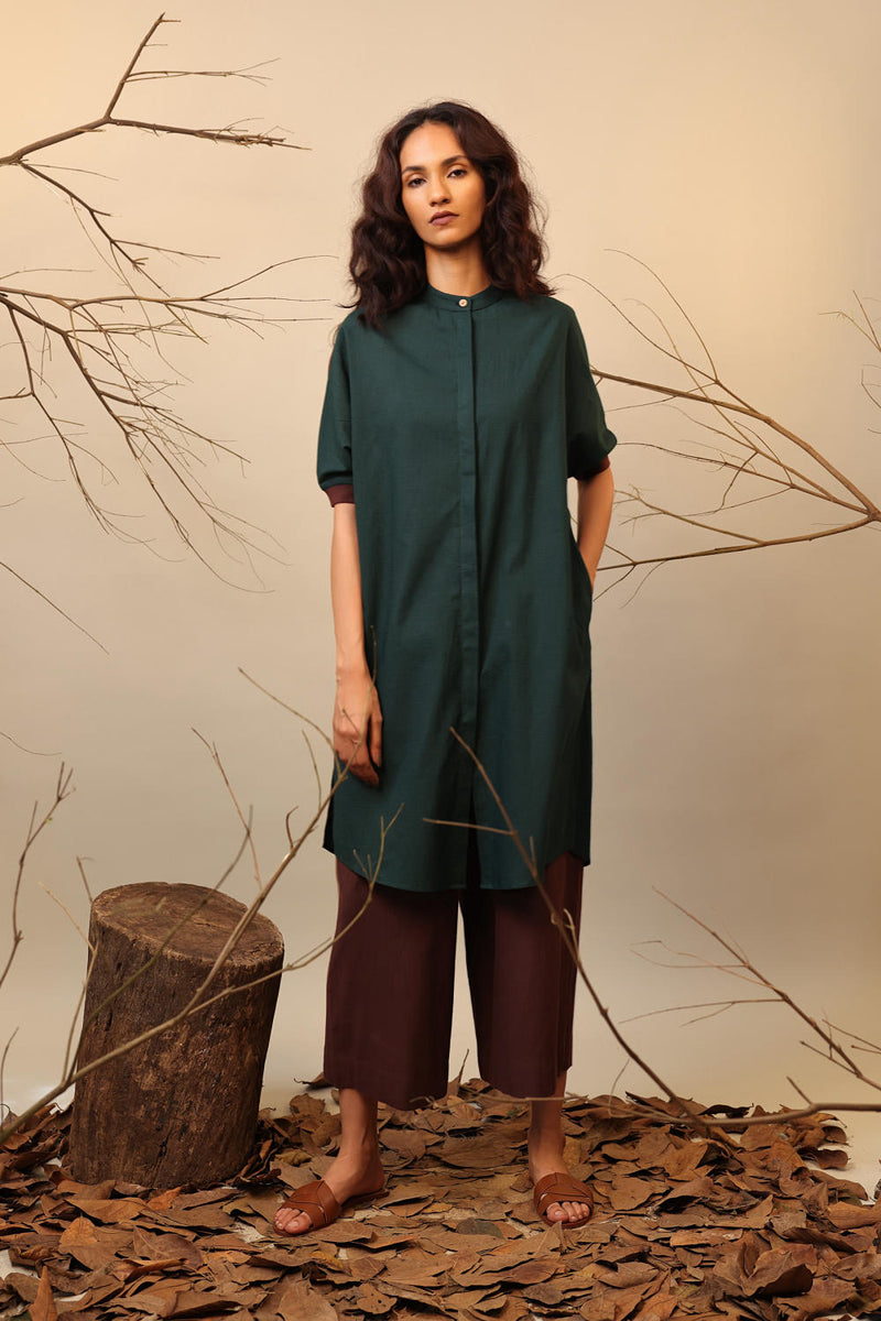 Green & Brown Shirt Tunic 100% cotton by Mati in green color for women Worldwide
