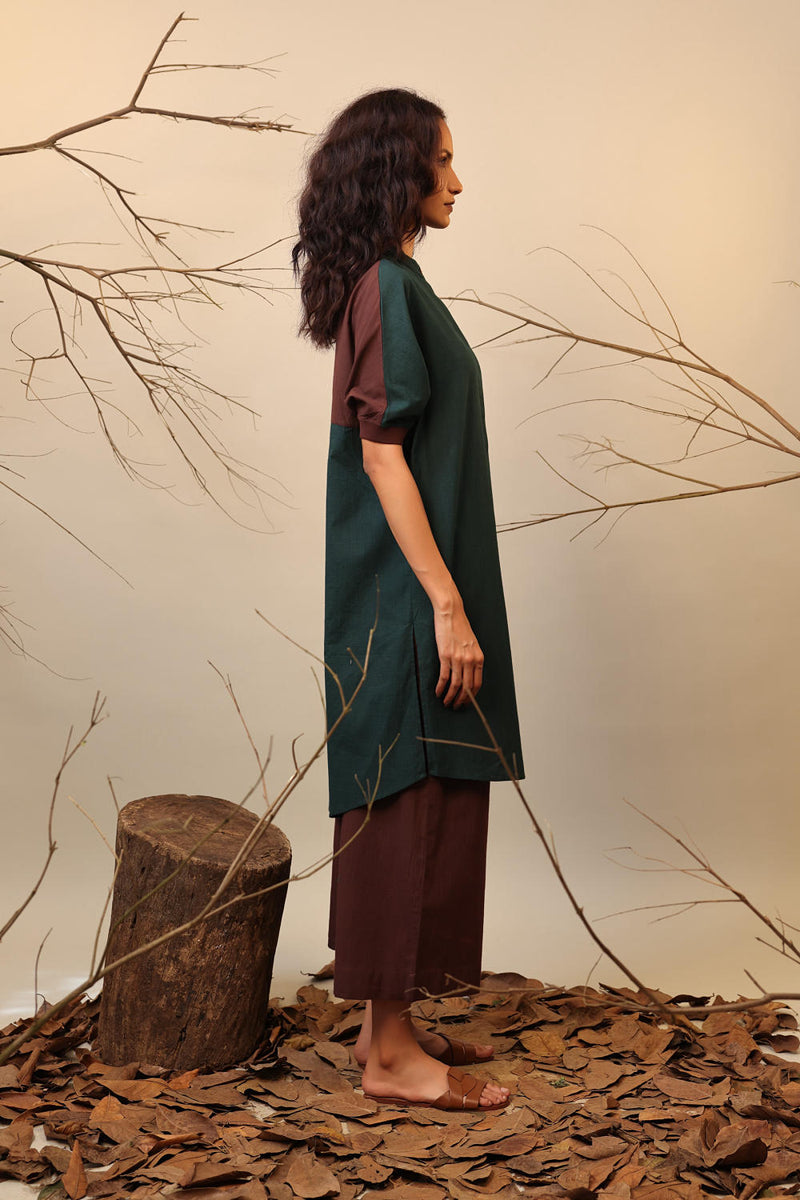 Green & Brown Shirt Tunic 100% cotton by Mati in green color for women Worldwide