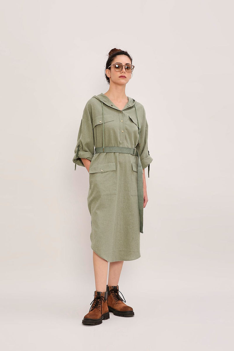 Green Safari Pocket Hooded Dress cotton by Mati in green color for women Worldwide