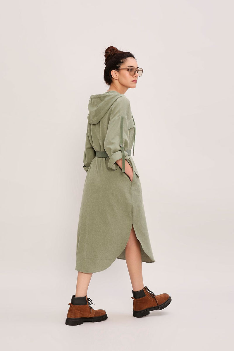 Green Safari Pocket Hooded Dress cotton by Mati in green color for women Worldwide