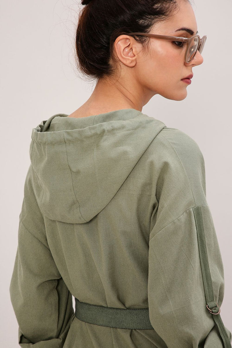 Green Safari Pocket Hooded Dress cotton by Mati in green color for women Worldwide