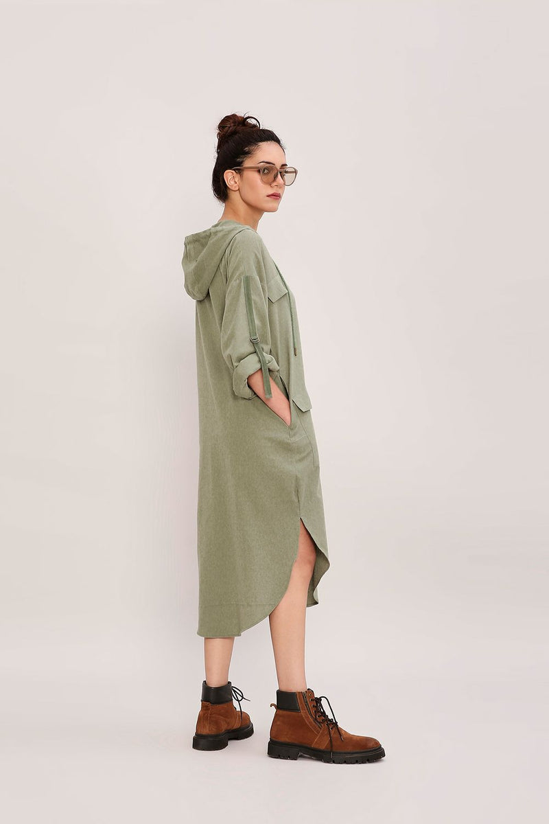 Green Safari Pocket Hooded Dress cotton by Mati in green color for women Worldwide