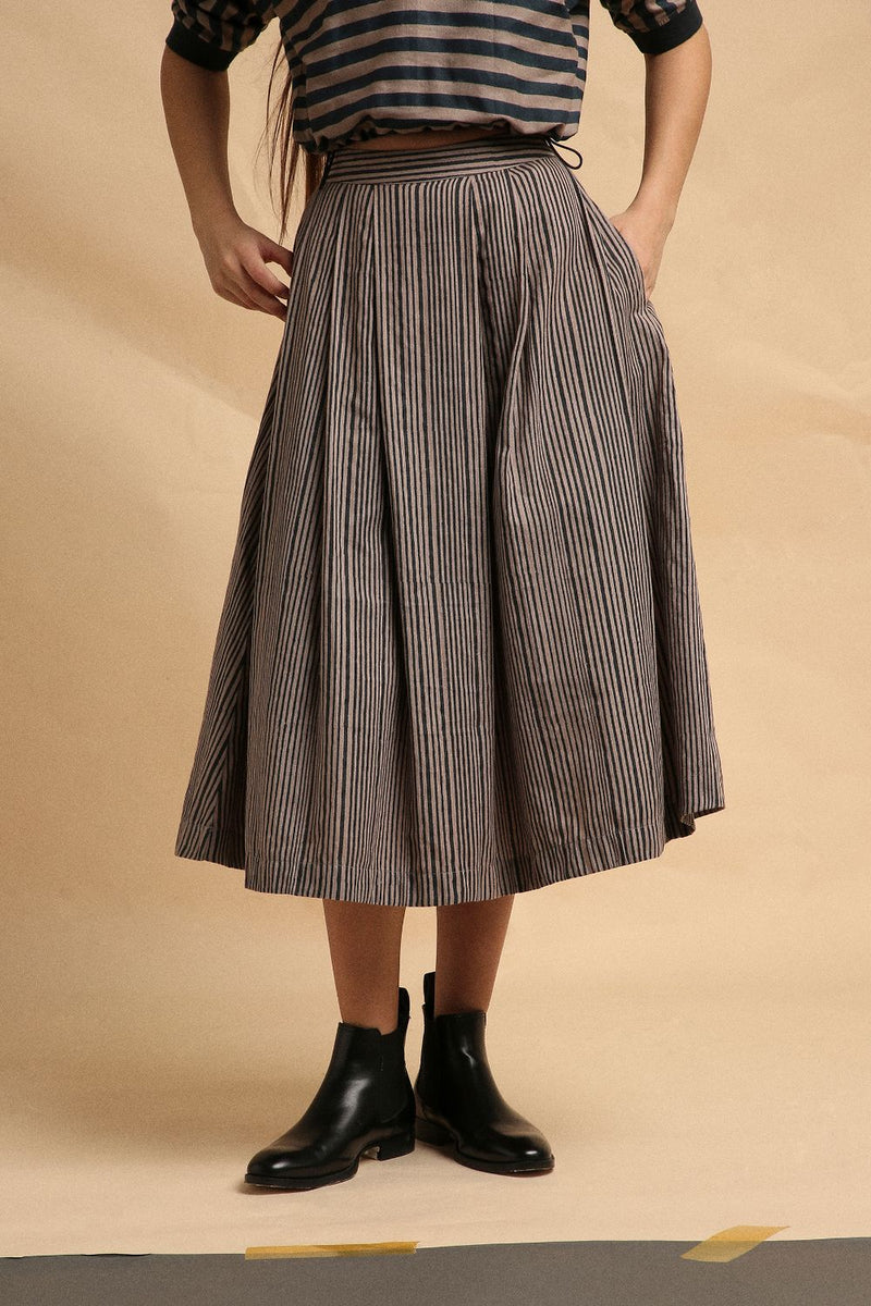 Grey with Narrow Charcoal Striped Box Pleated Skirt 100% cotton by Mati in grey color for women Worldwide