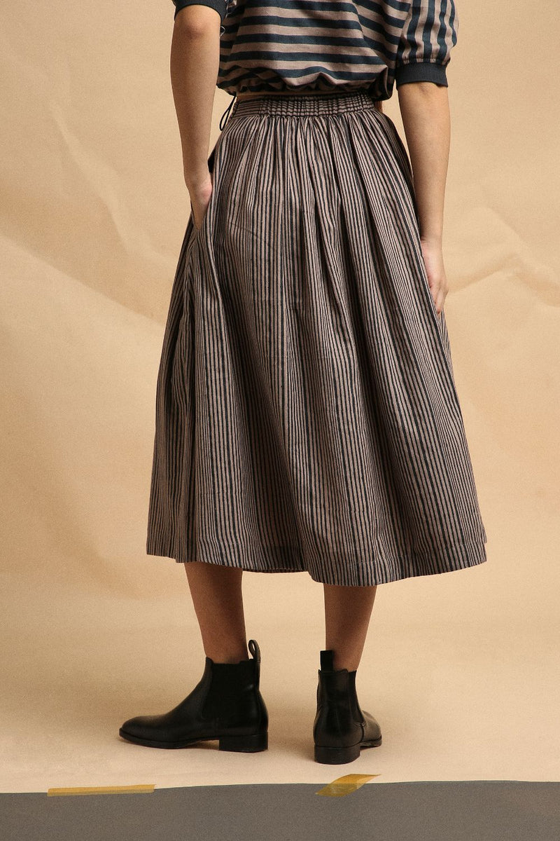 Grey with Narrow Charcoal Striped Box Pleated Skirt 100% cotton by Mati in grey color for women Worldwide