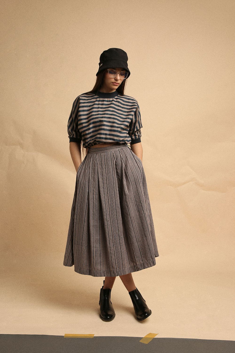 Grey with Narrow Charcoal Striped Box Pleated Skirt 100% cotton by Mati in grey color for women Worldwide