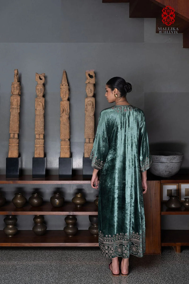 ‘Gul Mehar’ aquamarine silk velvet overlay moroccan floral bel embroidery silk velvet kurta/kurta set by Malika Mathur in light blue for women Worldwide