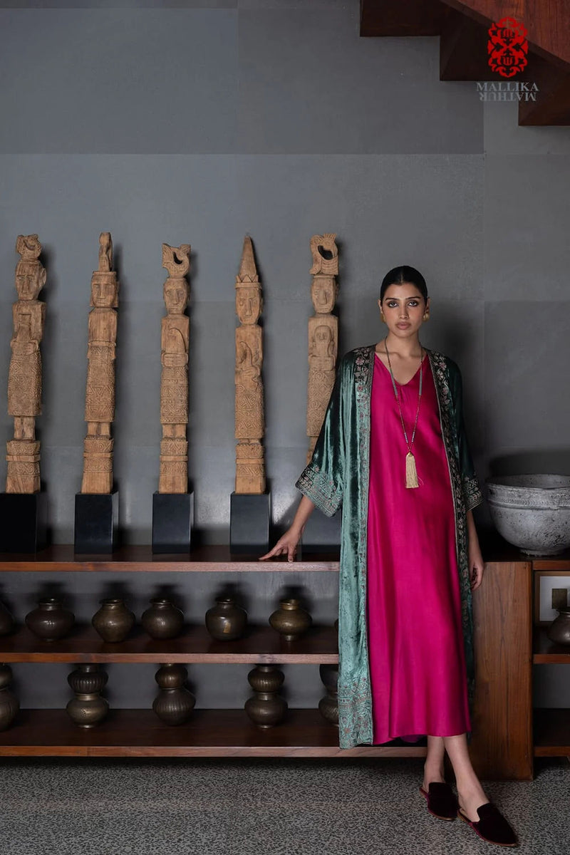 ‘Gul Mehar’ aquamarine silk velvet overlay moroccan floral bel embroidery silk velvet kurta/kurta set by Malika Mathur in light blue for women Worldwide