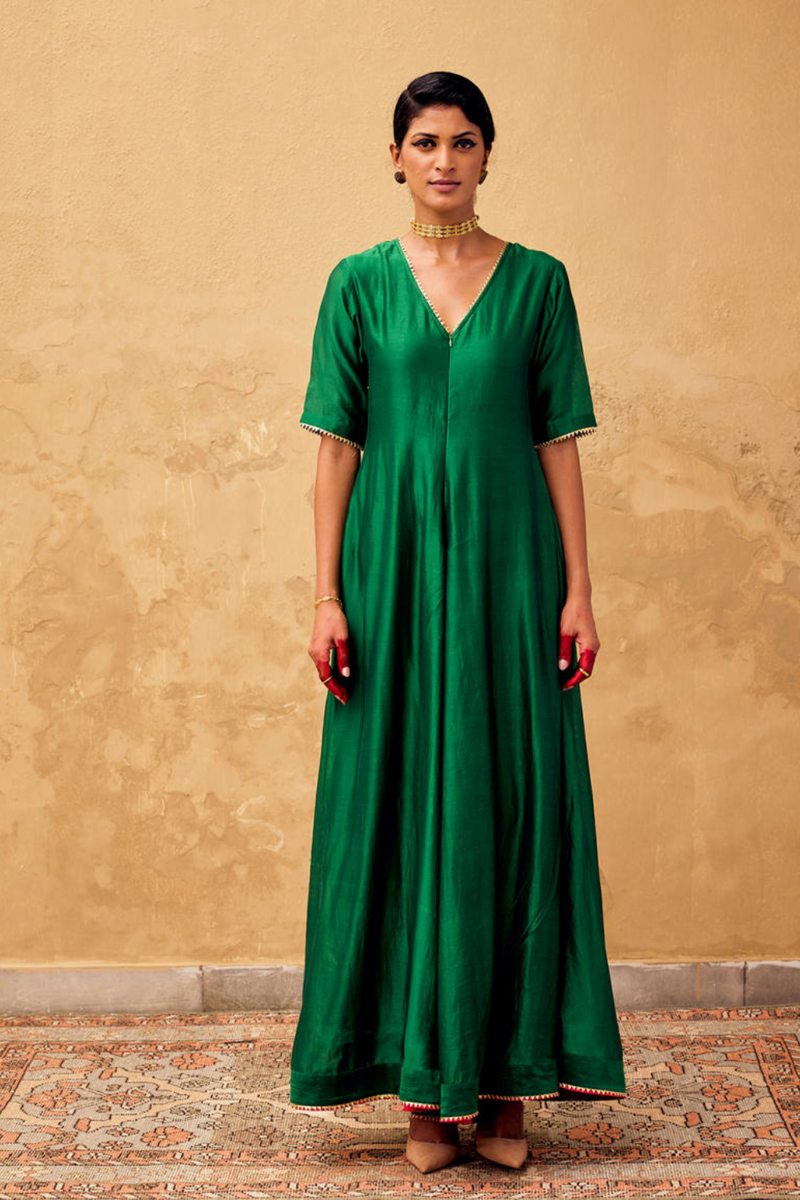 Gulzar Jumpsuit chanderi by Khara Kapas in green for women Worldwide