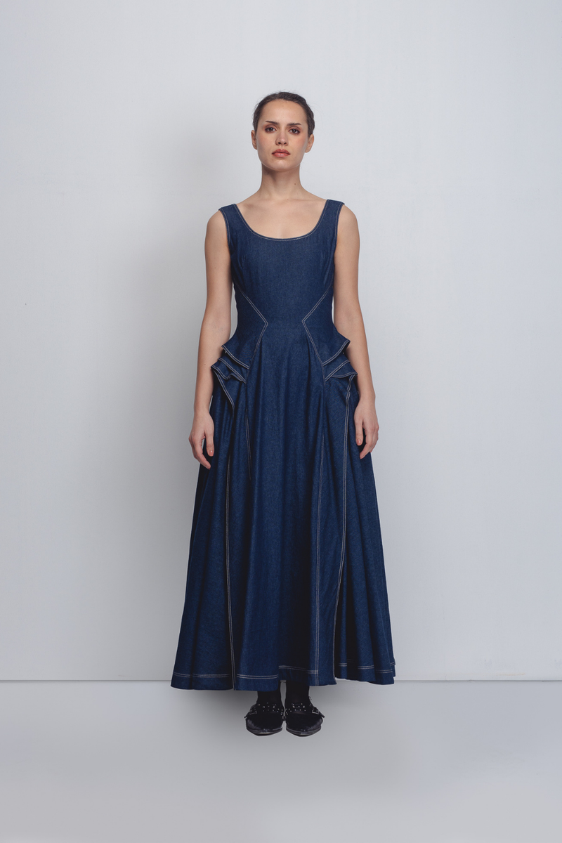Hani Dress - Denim Blue cotton by Leh Studios in blue color for women Worldwide