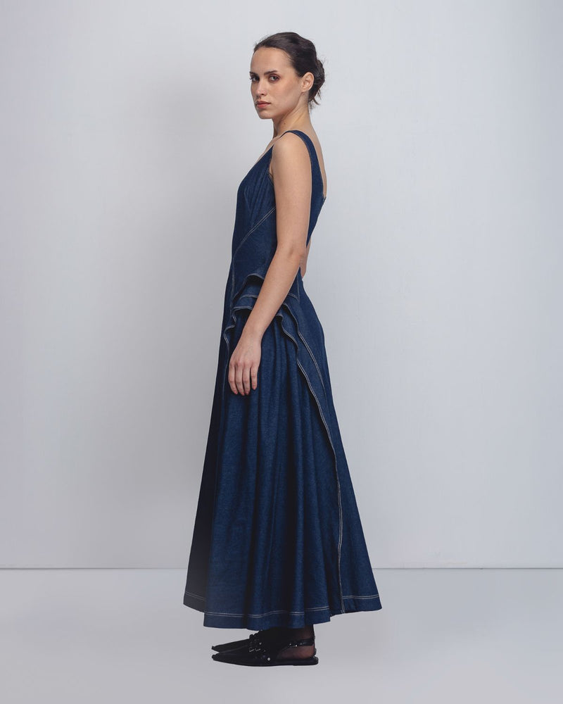 Hani Dress - Denim Blue cotton by Leh Studios in blue color for women Worldwide