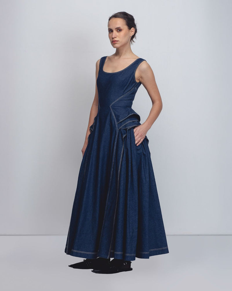 Hani Dress - Denim Blue cotton by Leh Studios in blue color for women Worldwide