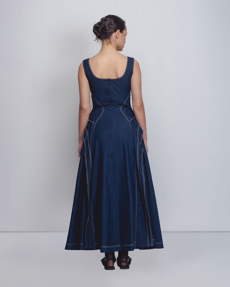 Hani Dress - Denim Blue cotton by Leh Studios in blue color for women Worldwide