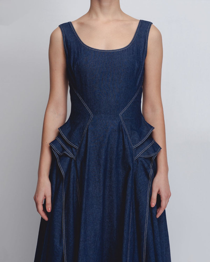 Hani Dress - Denim Blue cotton by Leh Studios in blue color for women Worldwide