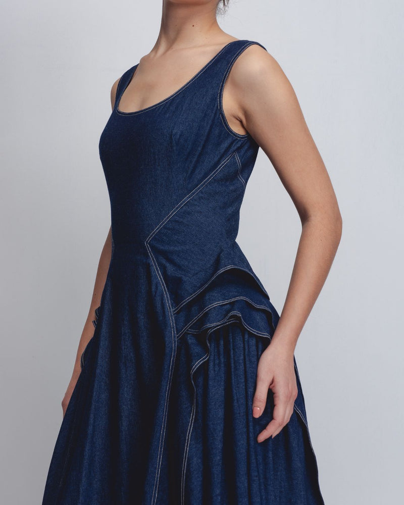 Hani Dress - Denim Blue cotton by Leh Studios in blue color for women Worldwide