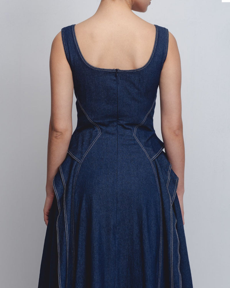 Hani Dress - Denim Blue cotton by Leh Studios in blue color for women Worldwide